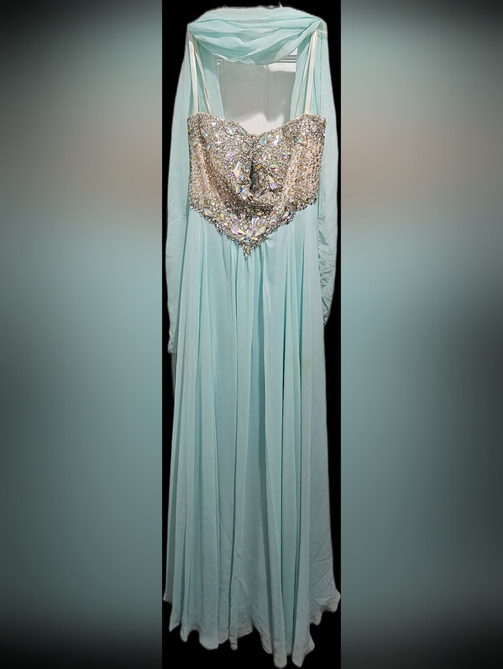 Strapless Aqua Chiffon Evening Gown with Embellished Bodice